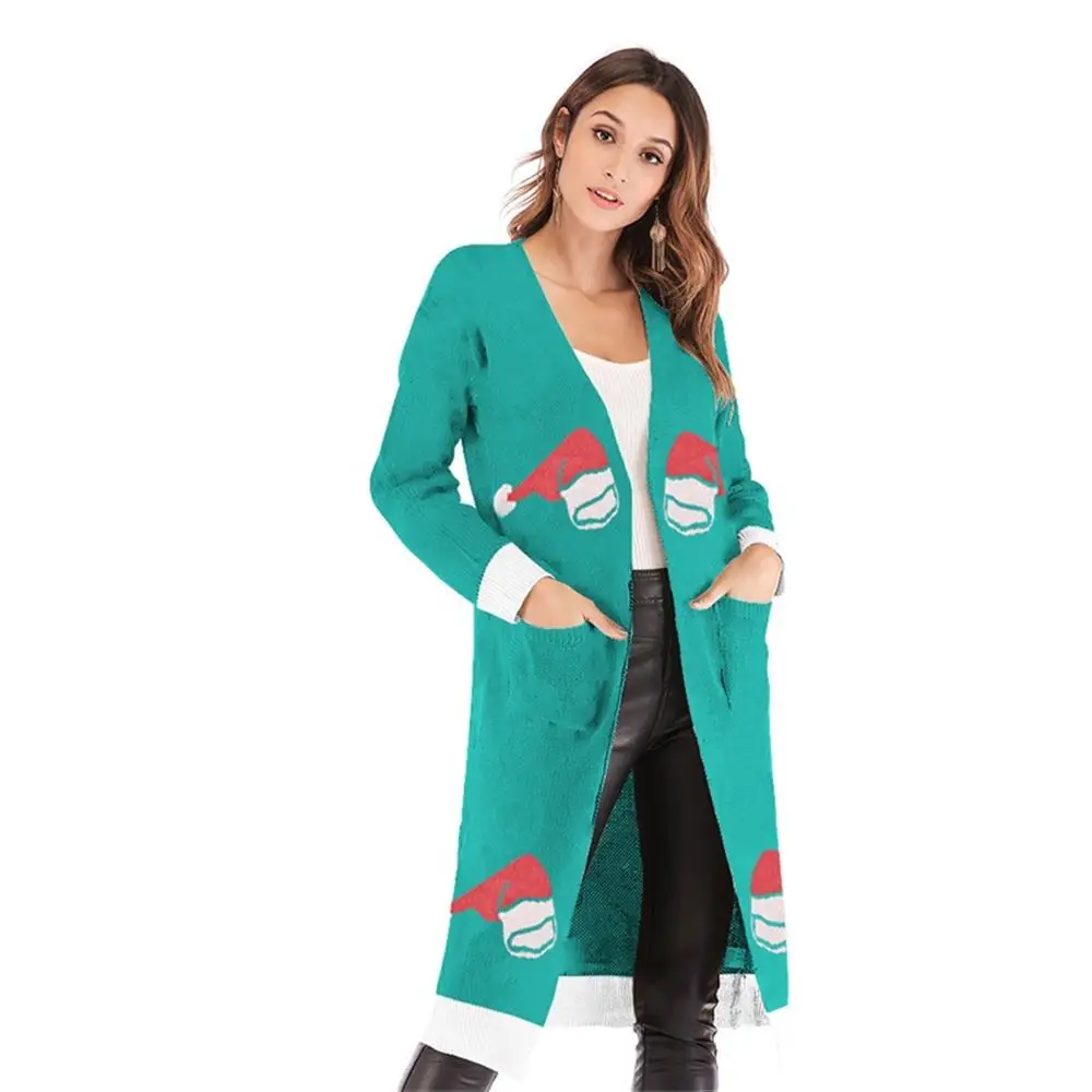 Women Cardigan Christmas Leopard Print Autumn and Winter Pocket Sweater Coat |