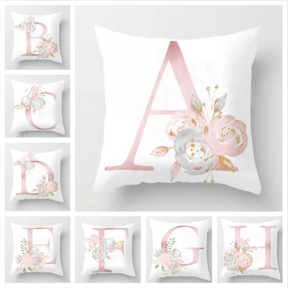 

2019 45x45cm Nordic Style Letter Pillow English Alphabet With Pink Rose Flower Cushion Cover for Sofa Home Decoration Pillowcase