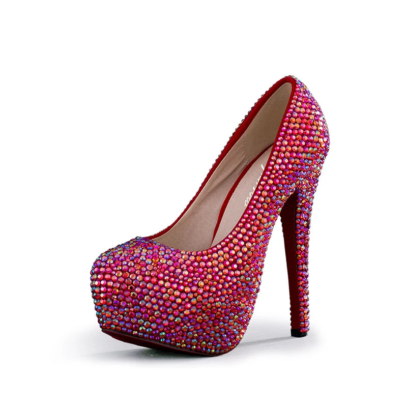 

Sparkling AB Crystal Red Wedding High Heels Shoes Rhinestone Fashion Bride Dress Shoes Matric Graduate Farewell Ceremony Shoes