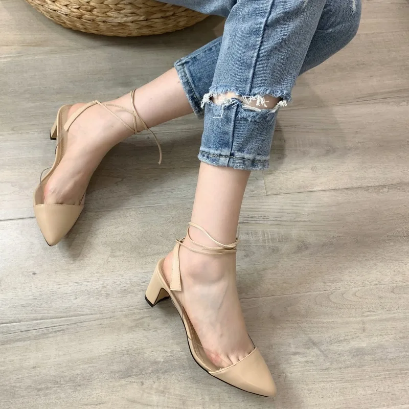 

2019 Fashion Pointed toe Square Heel Woman Shoes in Transparent Side For Ladies Spring Sexy Ankle Lace up Shoe