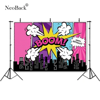 

Thin Vinyl super hero city boom cloud happy birthday children Photography studio Background professional indoor Photo Backdrop