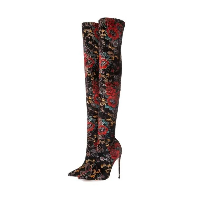 

Embroider Stretch Fabric Boots Women Pointed Toe Print Shoes Floral Large Size Eur 46 Retro Style Stockings Boots Newest Arrival