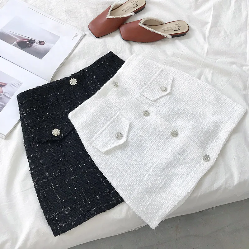 

Fashion Ladies Preppy Style Skirt Button A-line Solid Hips Skirts Empire Mini Skirts Bright Silk Woolen Ladies Skirt