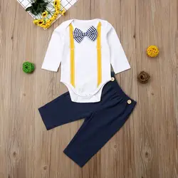 Комплект из 2 предметов, Одежда для новорожденных мальчиков, джентльменские комплекты, комбинезон с длинными рукавами и галстуком-бабочкой