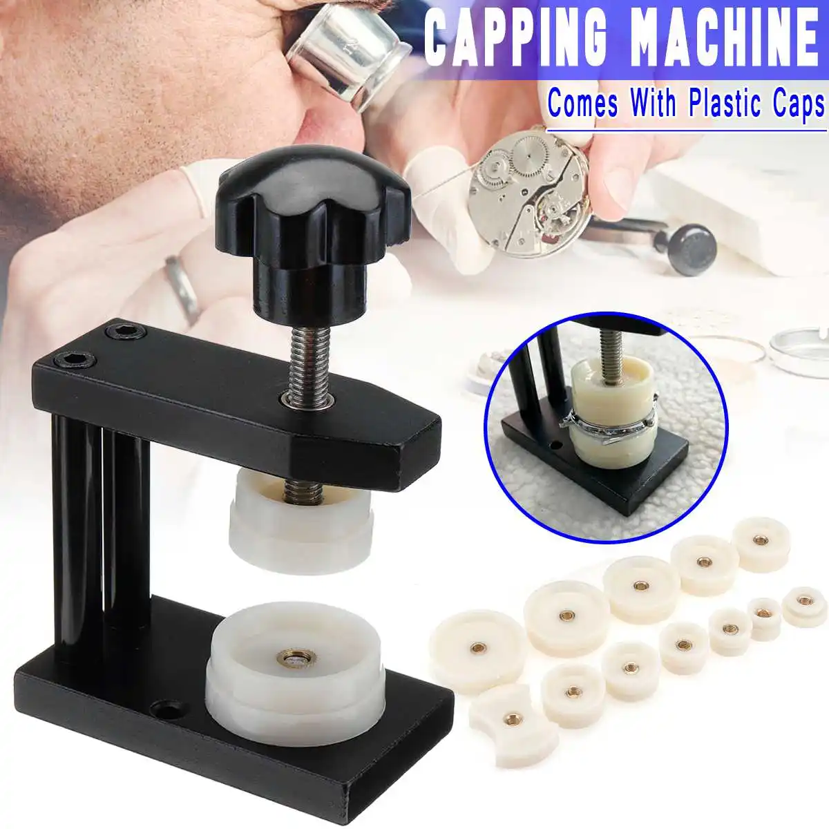 

Steel Watchmaker Tool Watch Press Set+12pcs Plastic Caps Back Case Closer Fits 20-50mm Labor-saving Durable more Convenient