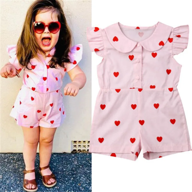 

Toddler Baby Girls clothes Heart print Button Ruffle Sleeveless Romper kids turn-down collar cotton lovely Jumpsuit one pieces