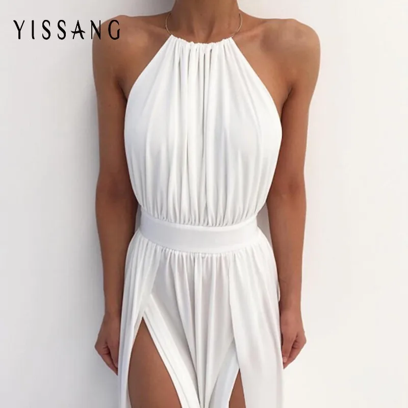 

Yissang Chiffon High Split White Elegant Maxi Dress Women Off Shoulder Halter Dress Sexy Party Club Dress Long Dress Vestido
