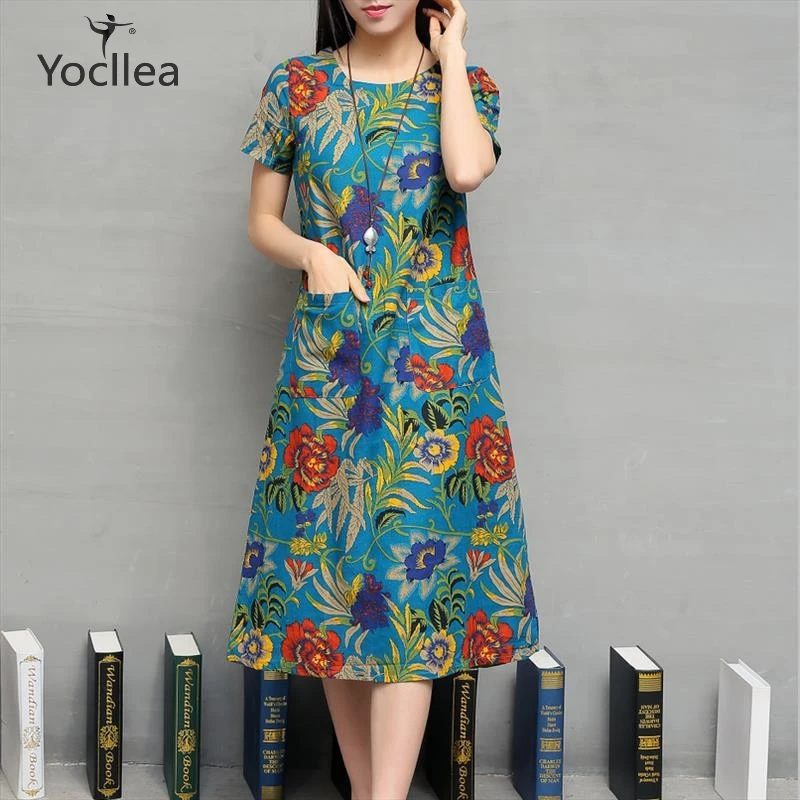

Spring Summer Plus size Women dress Ethnic Casual Loose O-Neck Short sleeve Cotton Linen Print Long Dresses girl office Lady