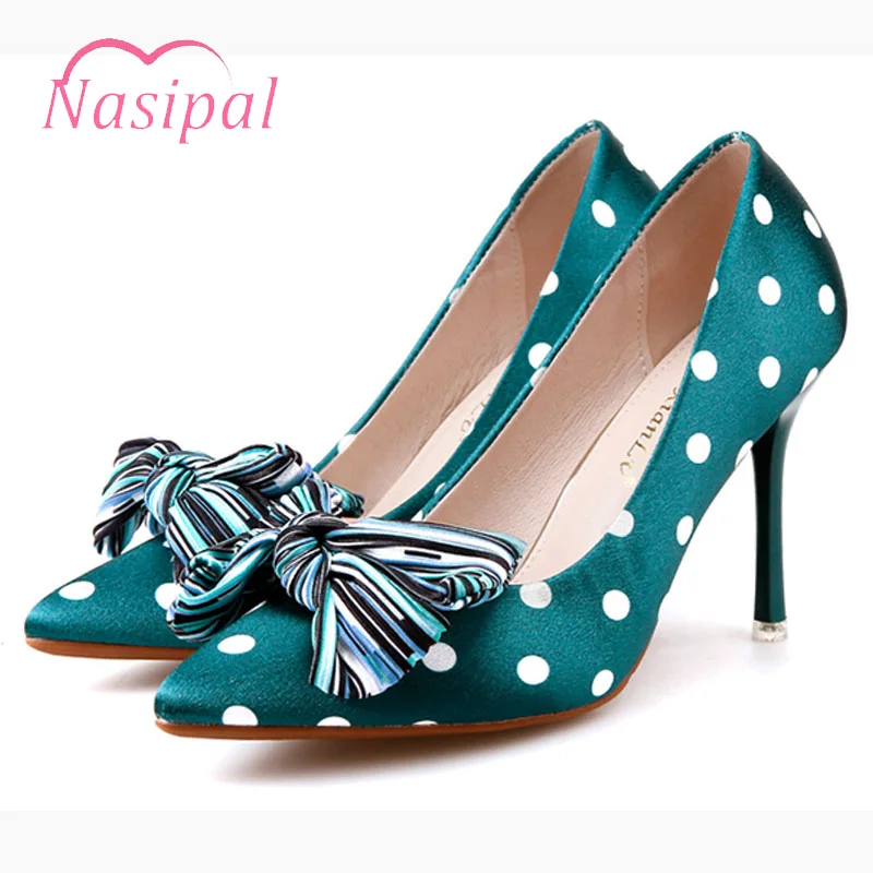 

Nasipal 2019 Spring Polka Dot Pump High Heel Shoes Woman Bow Knot Pointed Toe Sandals Sweet Heels Slides Slip on Sandalias Mujer