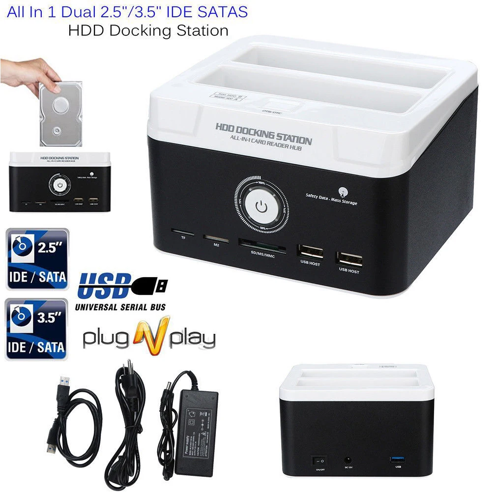 

Dual Multifunction HDD Docking Station 2.5 3.5 SATA IDE Hard Drive OTB Card Reader Tool Less High-speed LED Indicators USB #20