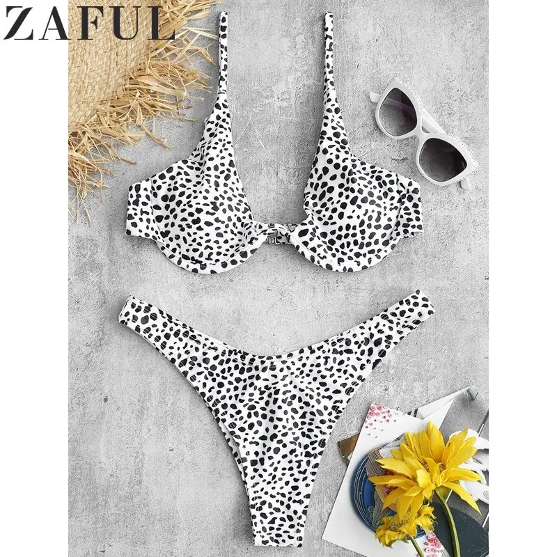 

ZAFUL Sexy Swimwear Padded Printed Underwire High Cut Bikini Set Bathing Suits Padded Swimsuit Beach Suits For Women