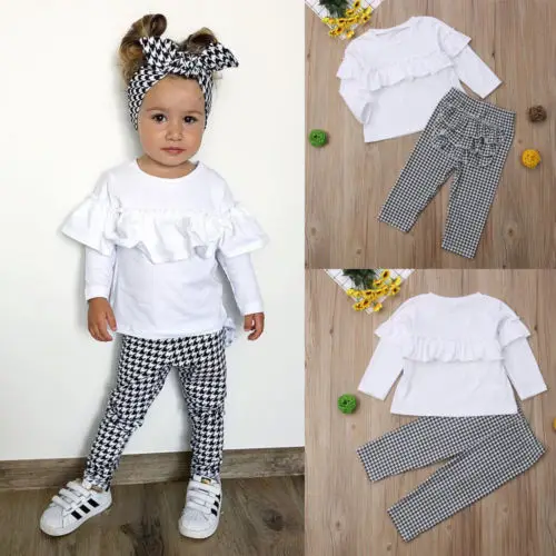Boutique Kids Baby Girl Ruffle Plaid Tops Pants Leggings 3Pcs Outfit Clothes Set