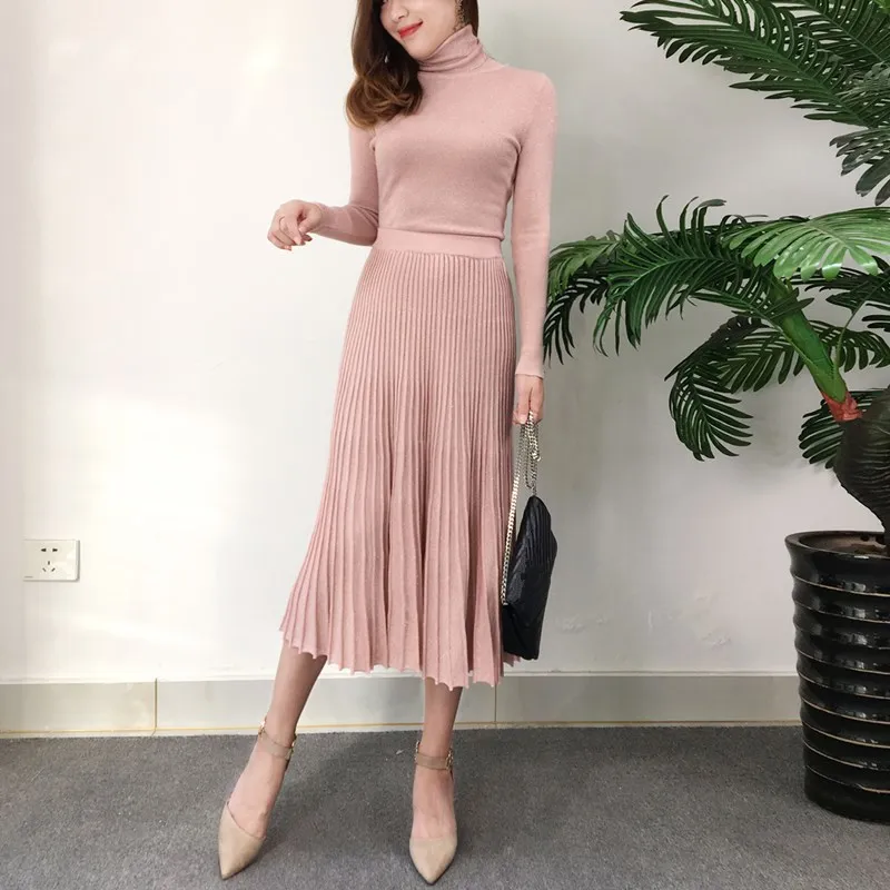 khaki Two Grey Skirt Women Turtleneck Waist black pink Knitting Skirts beige Suit Set High Vintage Pleated Winter Dark green Piece P6qwRZq