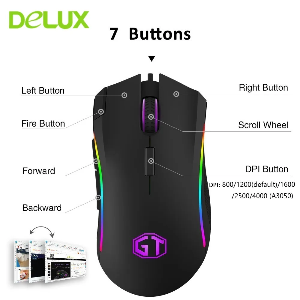 

Delux M625 A3050 Gaming Mouse RGB Backlight 4000 DPI 7 Programmable Buttons USB Wired Mice for LOL Game Player for PC Laptop