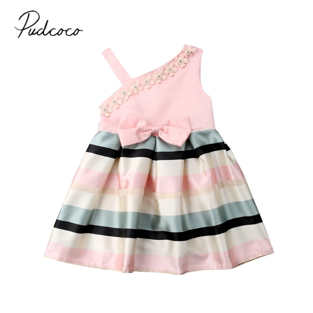 

2019 Brand New Princess Infant Kid Baby Girl Formal Dress One Shoulder Bowknot Pearl Floral Striped Color Pink A-Line Dress 3-9Y