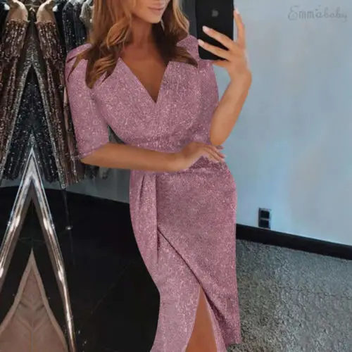 

New Women Solid Deep V-Neck Sequin Dress Bodycon Wedding Evening Party Ball Prom Gown Short Sleeve Long Dresses