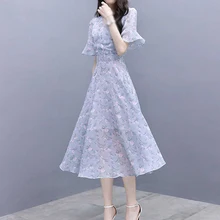 Женские платья, летние, круглый вырез, короткий рукав, цветочный принт, ТРАПЕЦИЕВИДНОЕ, с оборками, кружевное женское платье, синее