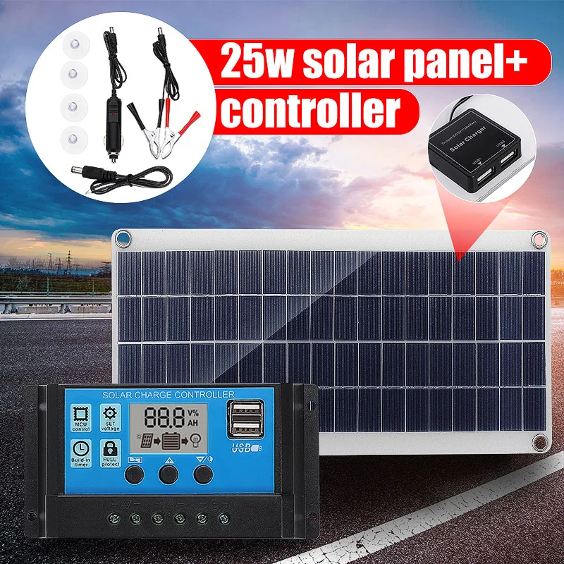 25W 12V Solar Panel Dual USB w// Car Charger For Boat Car Battery Charge Outdoor