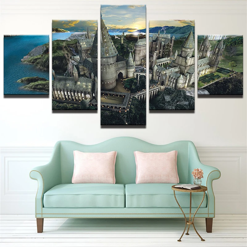 

Modern Wall Art Pictures Home Decor Modular Poster Frame 5 Pieces HD Printed Harry Potter Hogwarts Sunset Canvas Painting