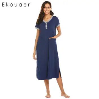 

Ekouaer Sleepwear Dress Women Sleepshirts Nightgown Solid Button Pockets Casual Nightdress Sleepwear Female Chemise Night Dress