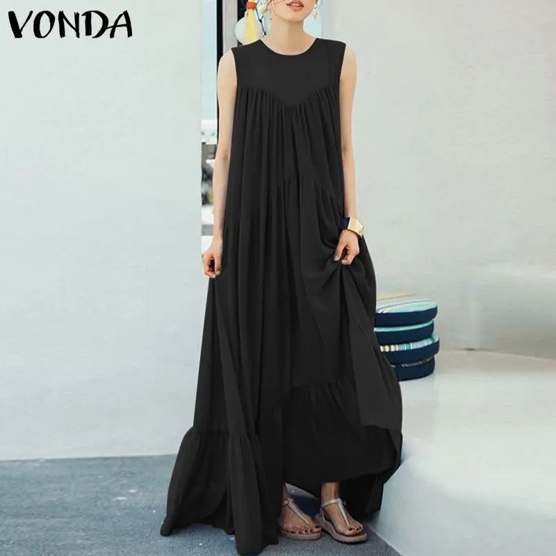 VONDA زائد حجم المرأة فستان صيفي 2019 خمر يا الرقبة أكمام كبيرة سوينغ الطابق طول اللباس الشارع الشهير مثير Vestidos