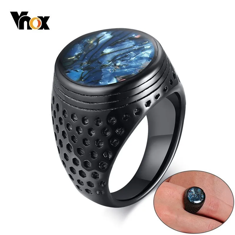 

Vnox Mens Blue Shell Flat Signet Ring Punk Black Stainless Steel Heavy Arabic Band Male Alliance Anel Jewelry
