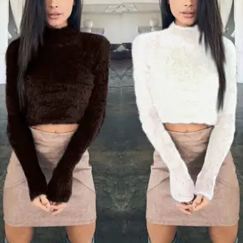 

Spring Women Long Sleeve Short Sweater Imitation Cashmere Fur Pullover Turtleneck Bottoming Plush Tops Solid Basic Sweater~