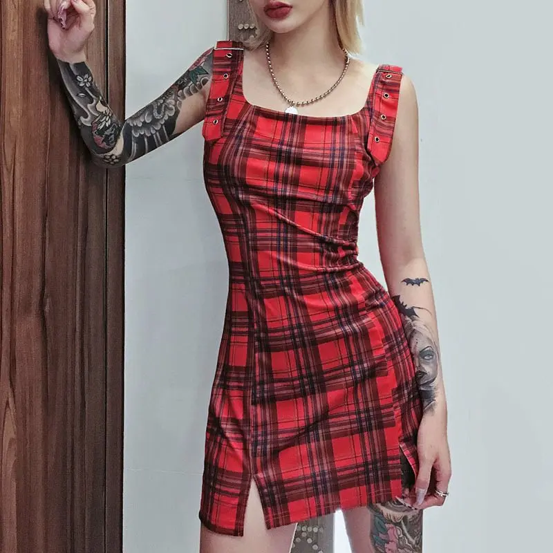 

Summer Gothic Sexy Club Red Punk Beach Women Mini Pencil Dress Bodycon Party OL Ladies Sweet Hip Hop Goth Female Plaid Dresses