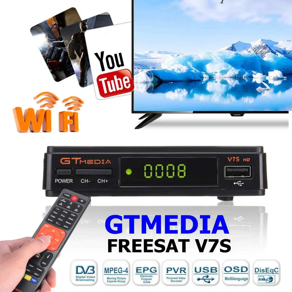 

GTMEDIA FREESAT V7S DVB-S2 HD WiFi PowerVu Biss Key Cccamd AVS+