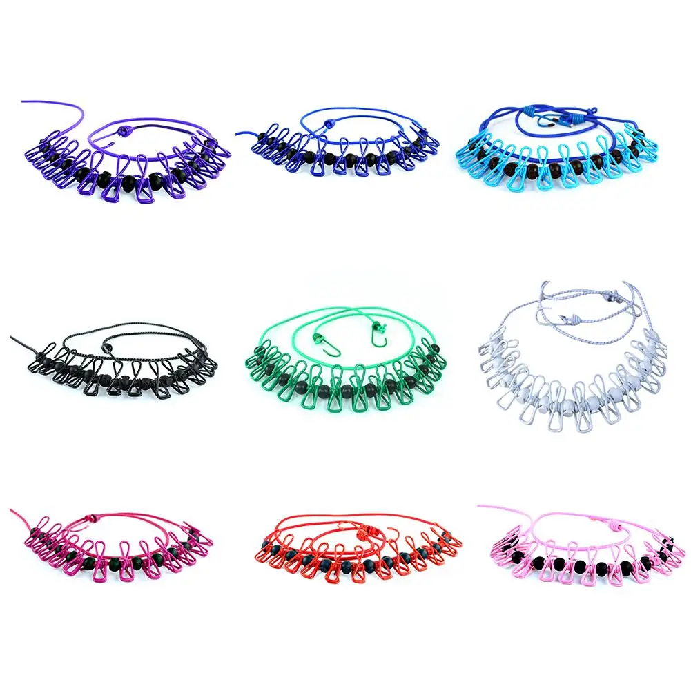 

1 Pcs Elastic Clothesline Multi-colors Windproof Anti Skid Belt Positioning Buckle 12 Clips Clothes Thick Belt Clip Clotheslines