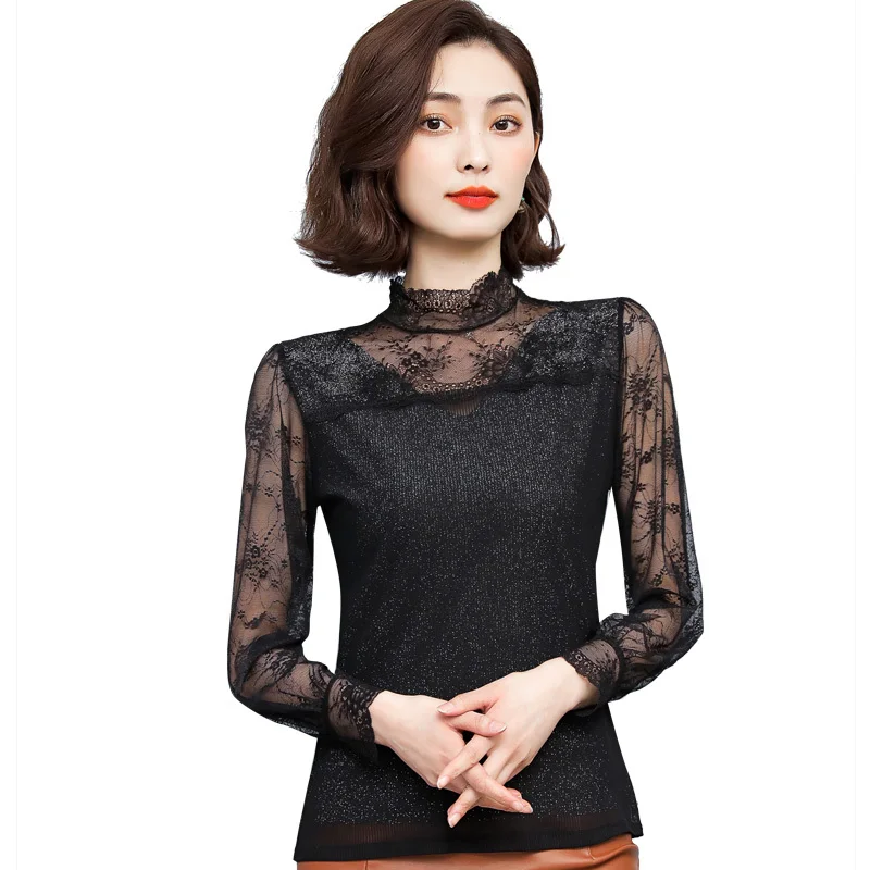 

Womens Tops And Blouse Vintage Elegant Floral Lace Top Long Sleeve Stand Collar Casual Hollow Out Office Shirt
