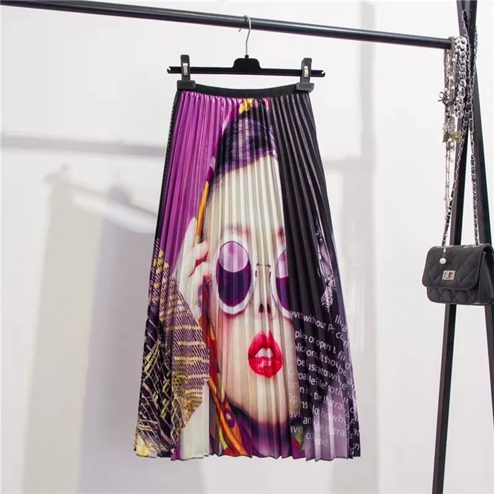 Banulin 2019 Spring Summer New-Coming Europen character Letter Printing High Elasticity Pleated High Street Style Women Skirts Banulin 2019 Spring Summer New-Coming Europen character Letter Printing High Elasticity Pleated High Street Style Women Skirts