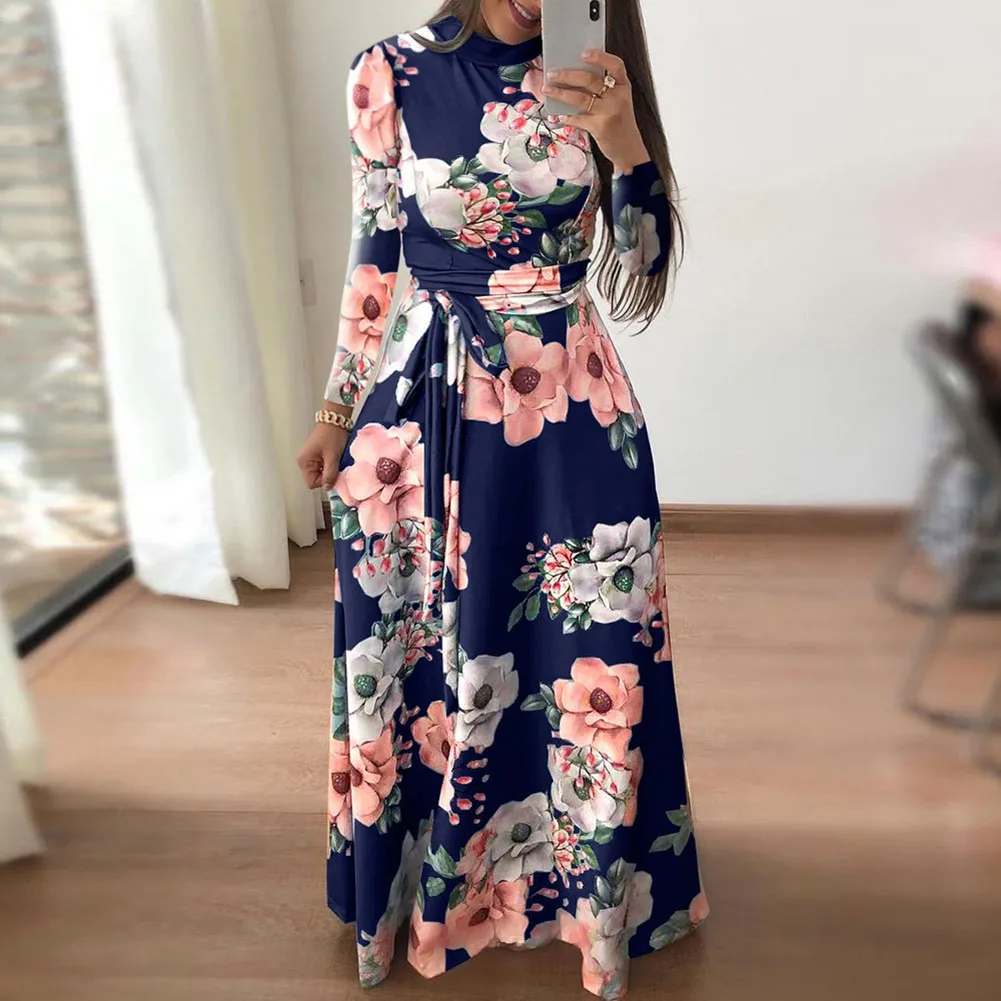 

Women's Casual Slim Floral Bandage Maxi Long Dresses Autumn Turtleneck Long Sleeve Empire Ankle Length Sundress For Party Beach