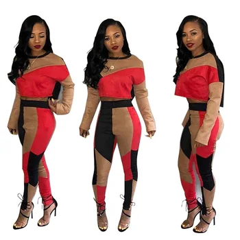 

Two Piece Set Long-Sleeved Tracksuit Women Buckskin Patchwork Top And Long Trousers Autumn Winter Casual Sweat Suits Women
