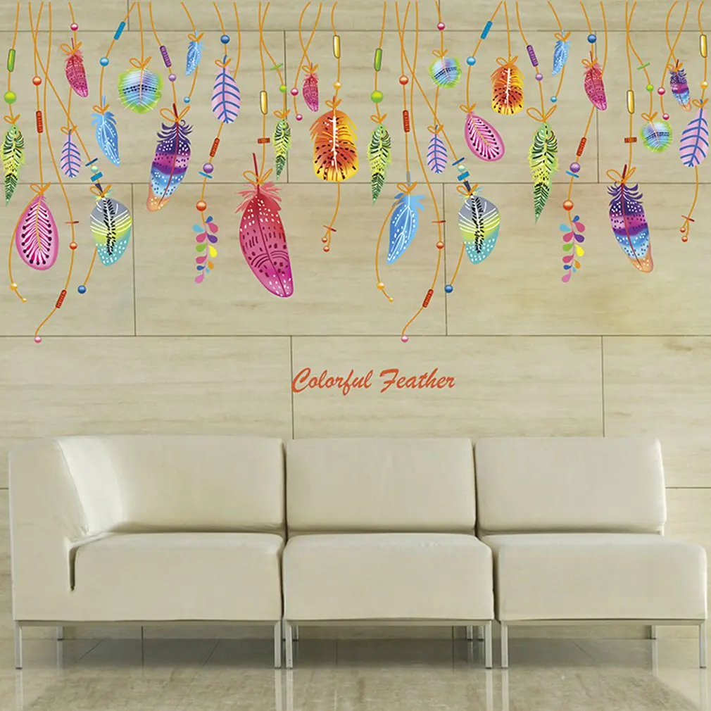 

Colorful Feather Pendant DIY Self Adhesive Vinyl Removable Decal for Bedroom Living Room Home Decor Art PVC Wall Stickers Mural