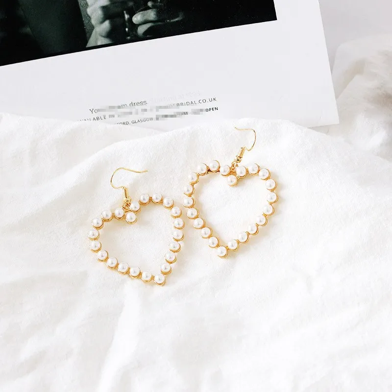 

New Korean Harajuku Sweet Heart Pearl Earrings Trendy Retro Women Hollow Out Geometric Dangle Earring