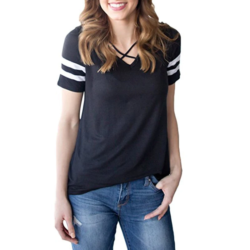 

Summer Fashion Women T-shirt Casual Pullover Top Cross V-neck Short Sleeve Loose T-shirt Hot Sale