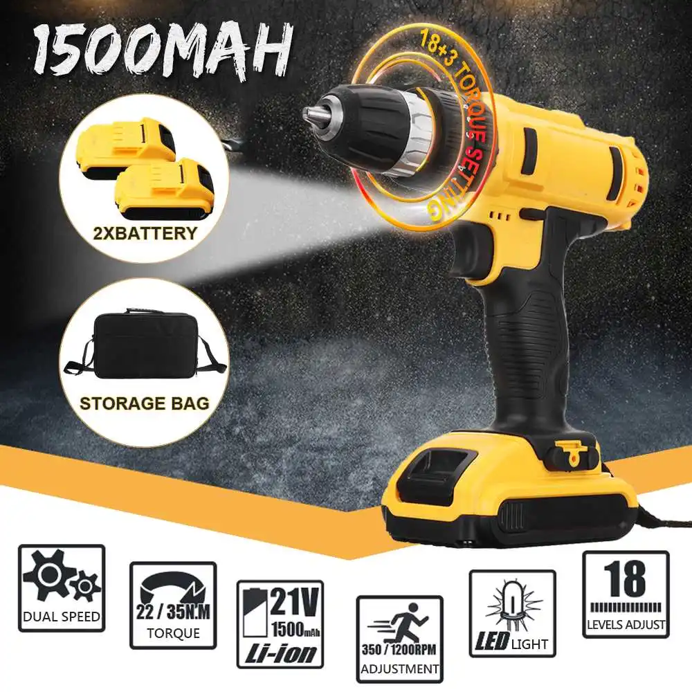 18V Electric Screwdriver Cordless Electric Drill Power Tools 18+3 Meatl Cordless Drill Double DC Lithium-Ion Battery
