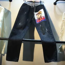 Рваные джинсы для женщин с эластичной резинкой на талии, брюки длиной до щиколотки, с аппликацией, с высокой талией, потертые, рваные, свободные, прямые, Осень-зима, повседневные