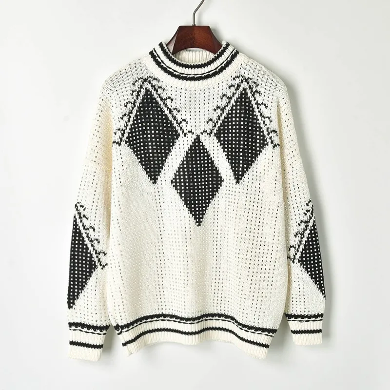 Luxury Fully Beaded Sweater 2019 Black White Hit Color Geometry Shiny Diamond Half High Collar Sweaters Ladies Pullovers Tops | Женская