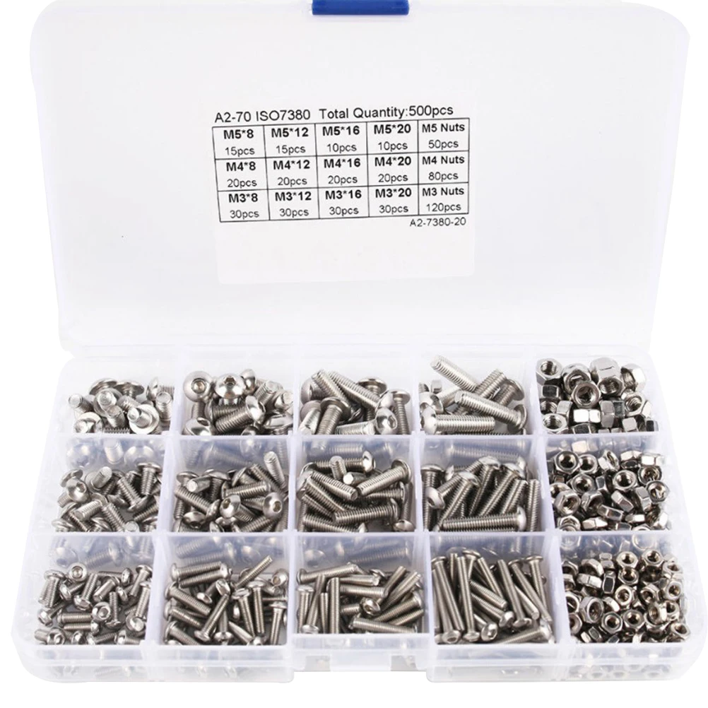 

Pack of 500 M3 M4 M5 Assortment Stainless Steel Practical Durable Hex Allen Nut Screw Kit Set for School Factory Office Home
