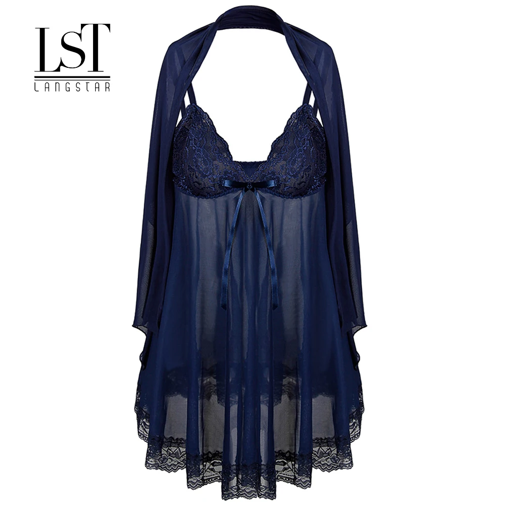 Langstar See Through плюс Размеры Сексуальная комбинация с бантом платье шарфом Стринги