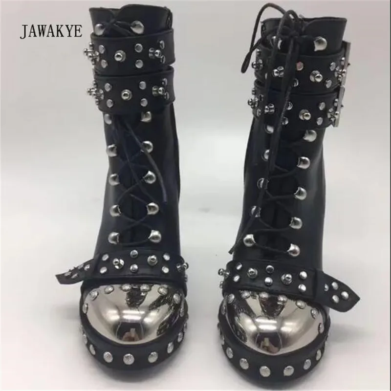 Cuero Botas Tacón Metal Hebilla Alto Estrecha Mujer Martin Black Punta Del Mujeres Moda Las Negro Punk Remache Tobillo Redonda De Zapatos F5wqCtt1