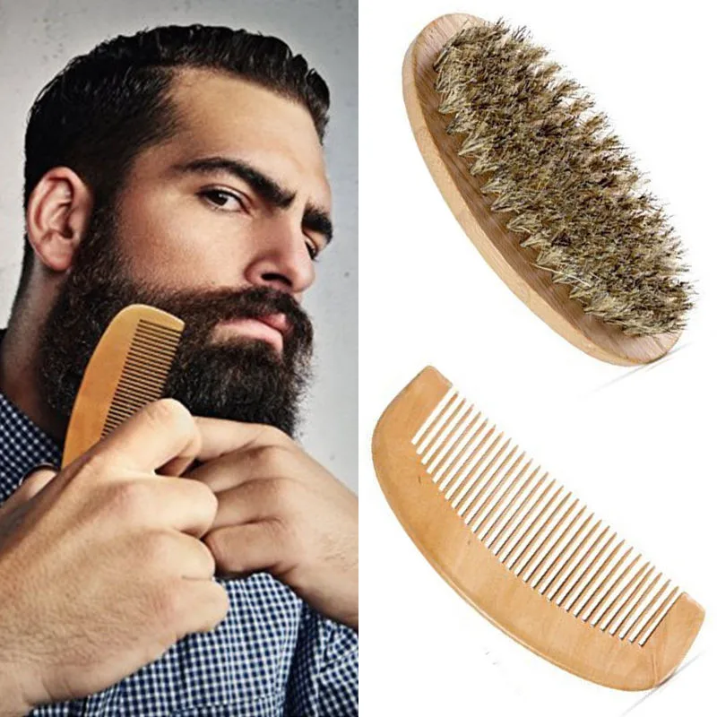 

Hot Wholesale Men Boar Bristle Beard Brush Comb Beard Care Comb Kit Grooming Kits Boar Bristle Beard Brushes Combs With Bags New