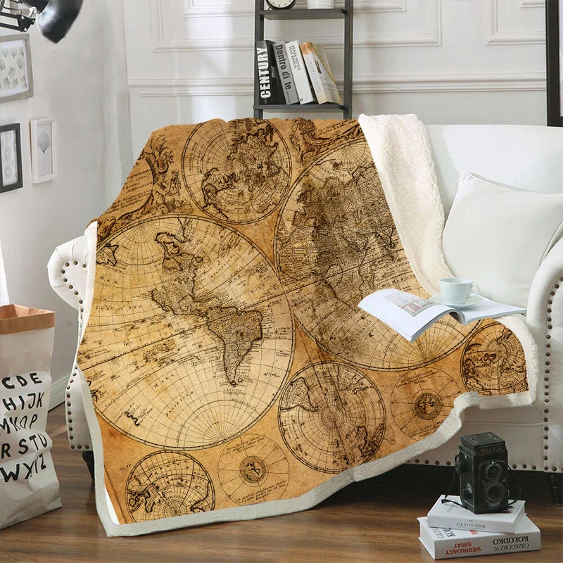  Retro World Map Velvet Plush Throw Blankets For Kid Adults Sherpa Fleece Yellow Blanket For Beds So