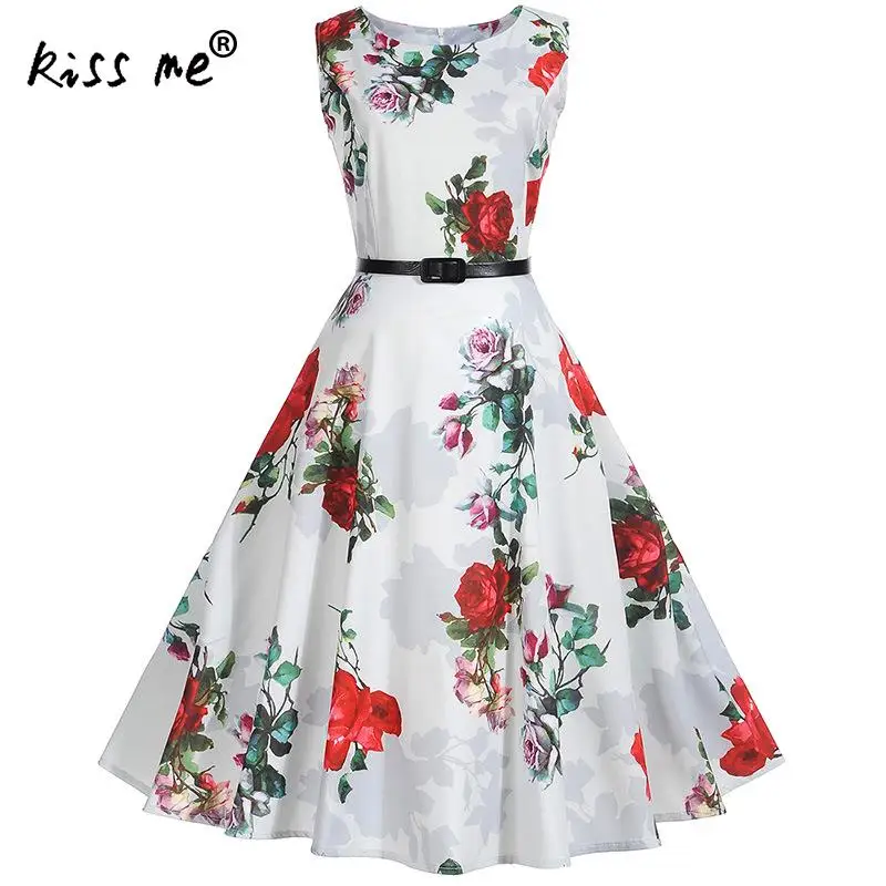 

White Sleeveless Women Dress Floral Robe Retro Swing Dashiki Princess Beachwear Dresses 50s 60s Vintage Beach Vestidos with Belt