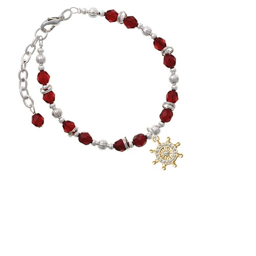Goldtone Crystal Ship Wheel Maroon Beaded Bracelet |