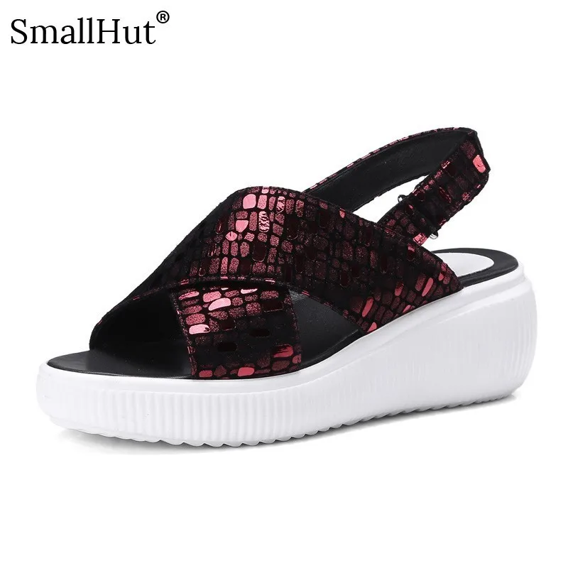 

Women Platform Bling Sandals Summer Sheepskin Leather New 2019 Back Strap Casual Flat With Shoes Silver Red Ladies Sandal D022