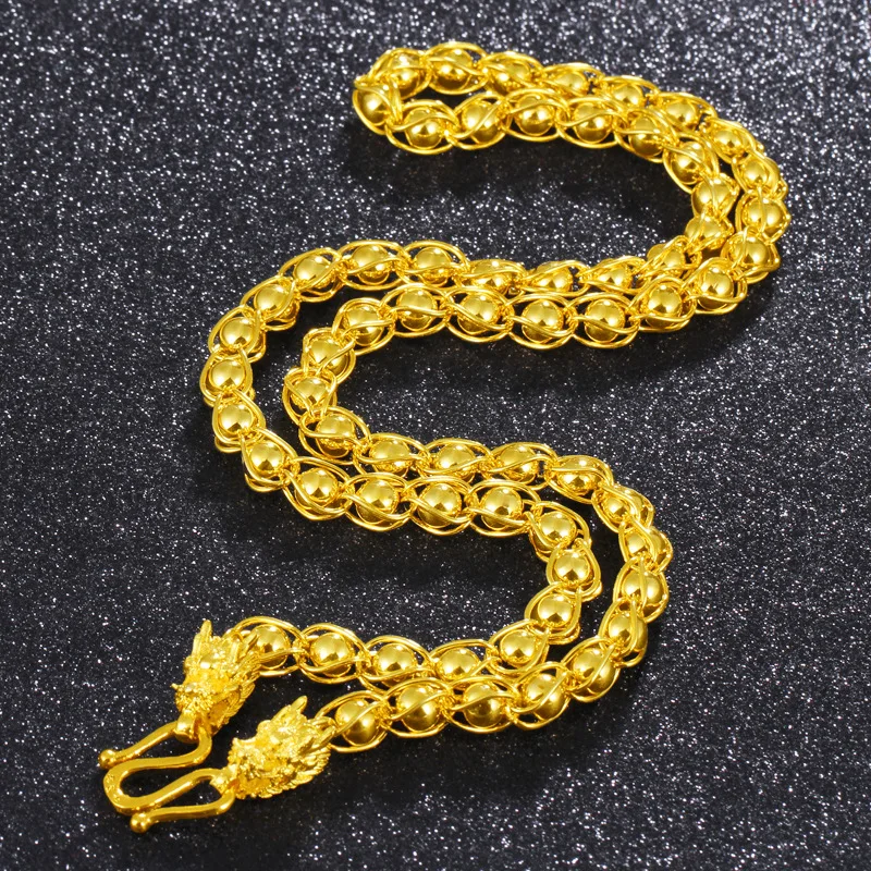

Fashion 24k Plated No Fade Dragon Head Gold Beads Chain Necklace Indian Jewelry for Men