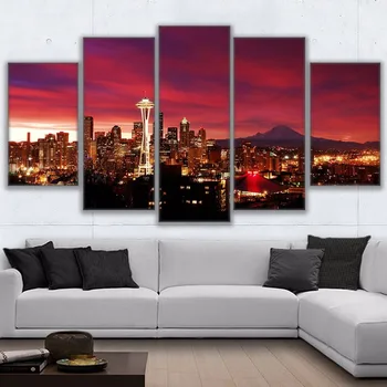 

Home Decor Canvas Prints Painting Modular Wall Art Tower Poster 5 Pieces Overhead Night Sky Seattle Cityscape Pictures Framework